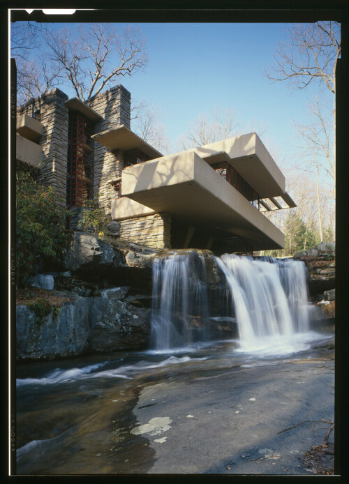 Fallingwater exemplifies Frank Lloyd Wright's conception of integrating buildings and their sites. Completed in 1937, it was commissioned by Pittsburgh retailers Edgar J. and Lillian S. Kaufmann.